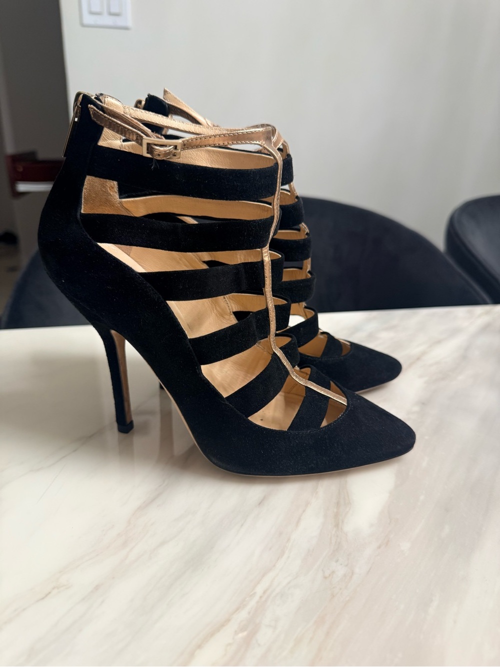 Jimmy Choo Black Suede Strappy Pointed-Toe Stilettos with Gold Trim